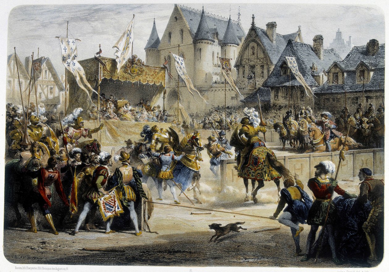 Henri II (1519 - 1559) Fatally Wounded by Montgomery During the Tournament of 29 June 1559, Rue St Antoine, in Front of the Palais des Tournelles - Lithography by Unknown artist