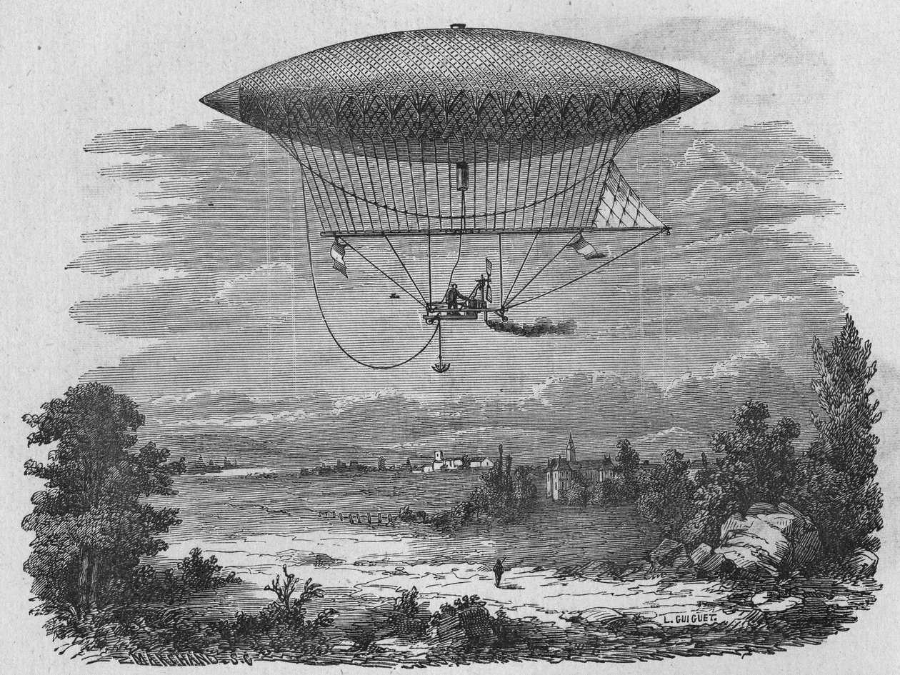 Henry Giffard testing a 44-metre long steam aerostat. In 