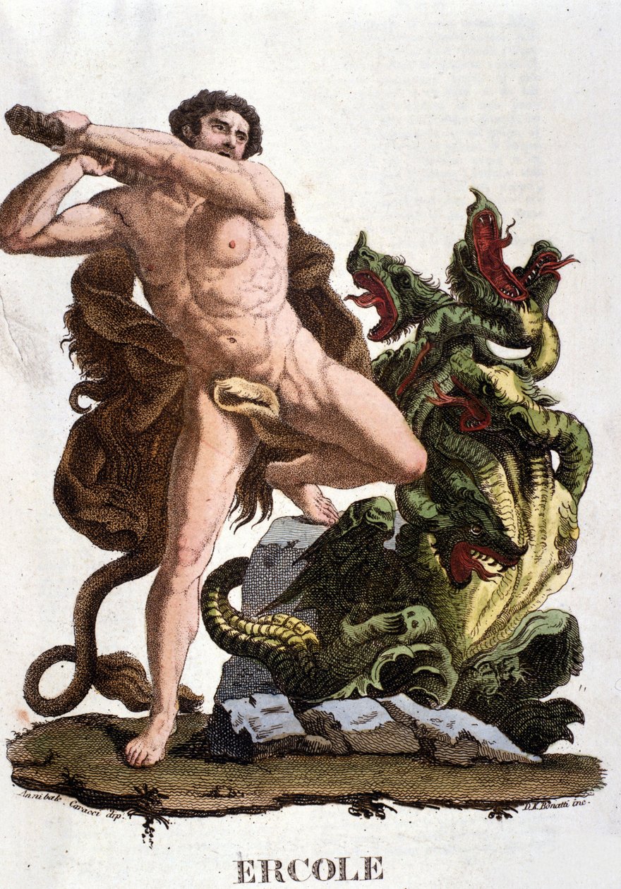 Hercules slaying the Hydra of Lerna - engraving by Unknown artist