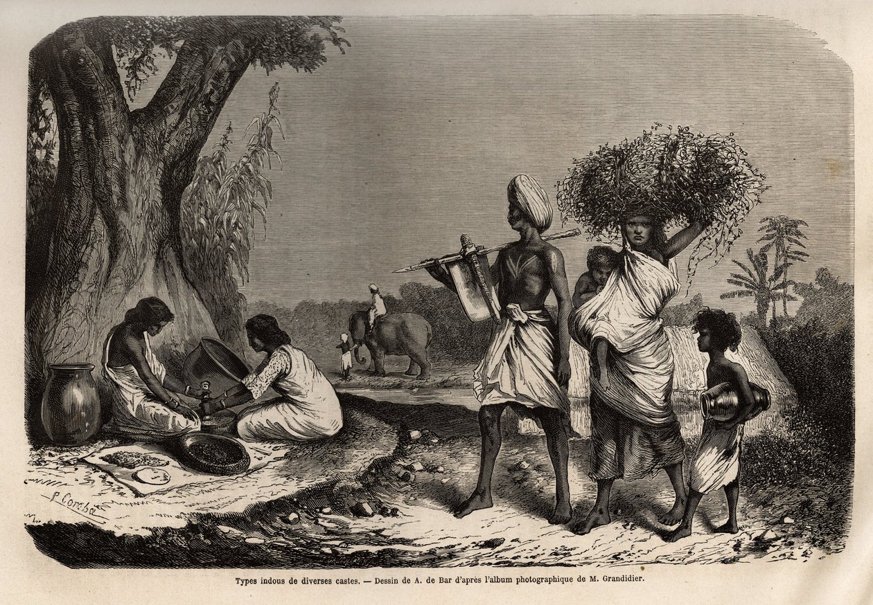 Hindu types of various castes, a family of vaysias (traders), at the foot of the tree, two women of the sudras caste by Unknown artist