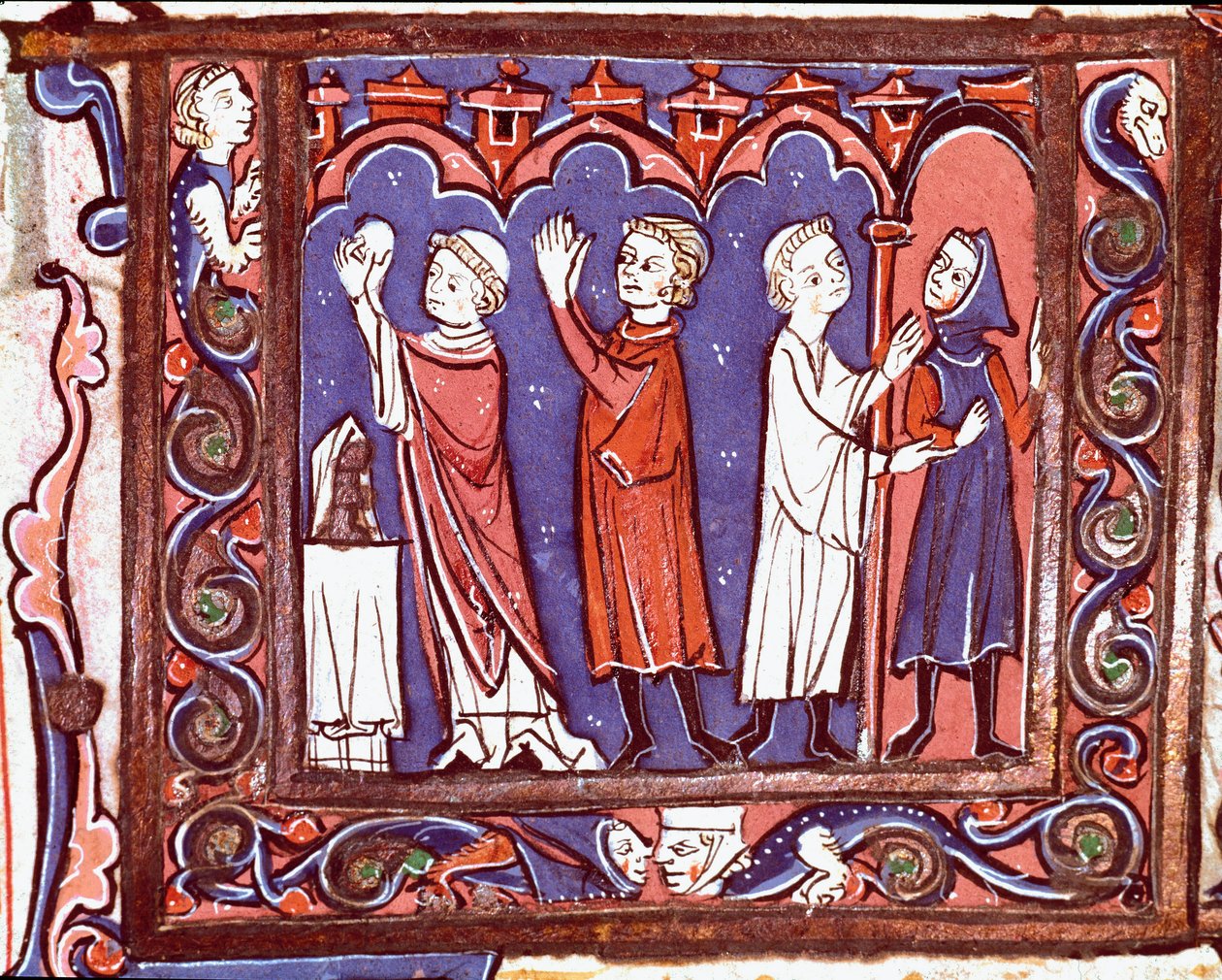 History of Canonical Law: Scene of Communion (left) and Excommunication (right). Miniature from 