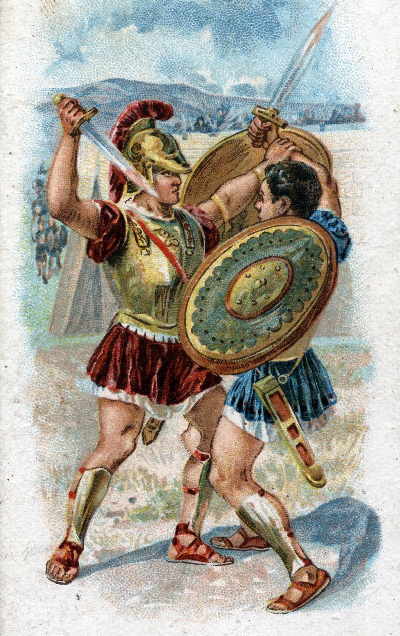 History of the life of Achilles, legendary hero of the Trojan War: Achilles fighting Hector to avenge the death of Patroclus. Chromolithography of 1890 by Unknown artist