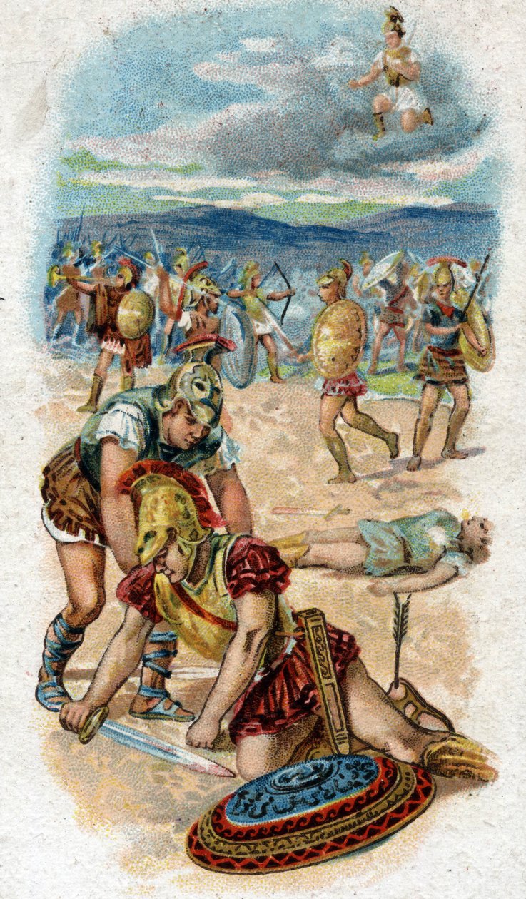 History of the life of Achilles, legendary hero of the Trojan War: death of Achilles, at the foot of the walls of Troy, the heel, his weak point, pierced by an arrow shot by Paris. Chromolithography of 1890. by Unknown artist
