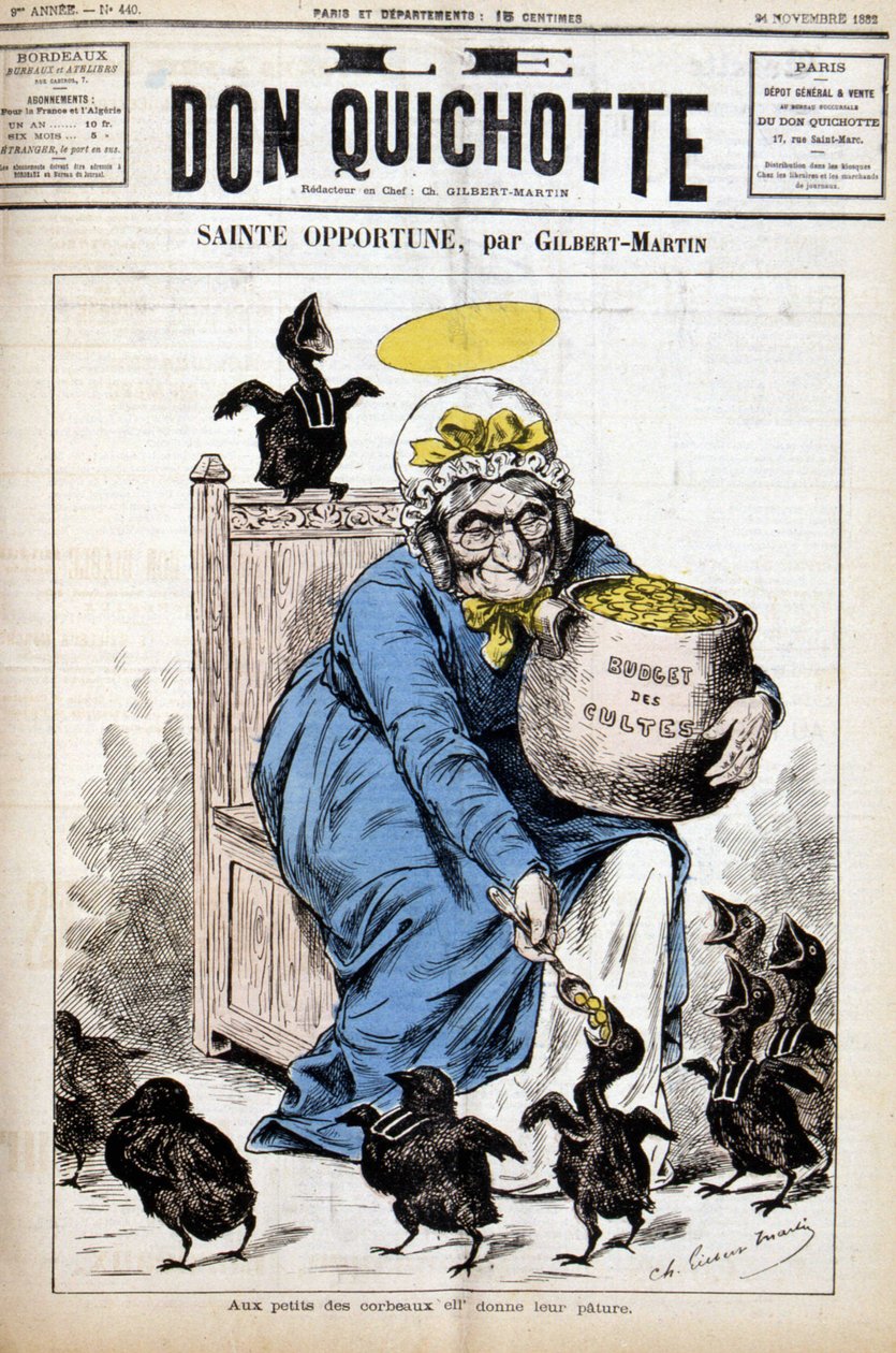 Holy Opportune and the budget of cults: to the little crows she gives their pature - in Le Don Quixote of 24/11/1882 by Unknown artist