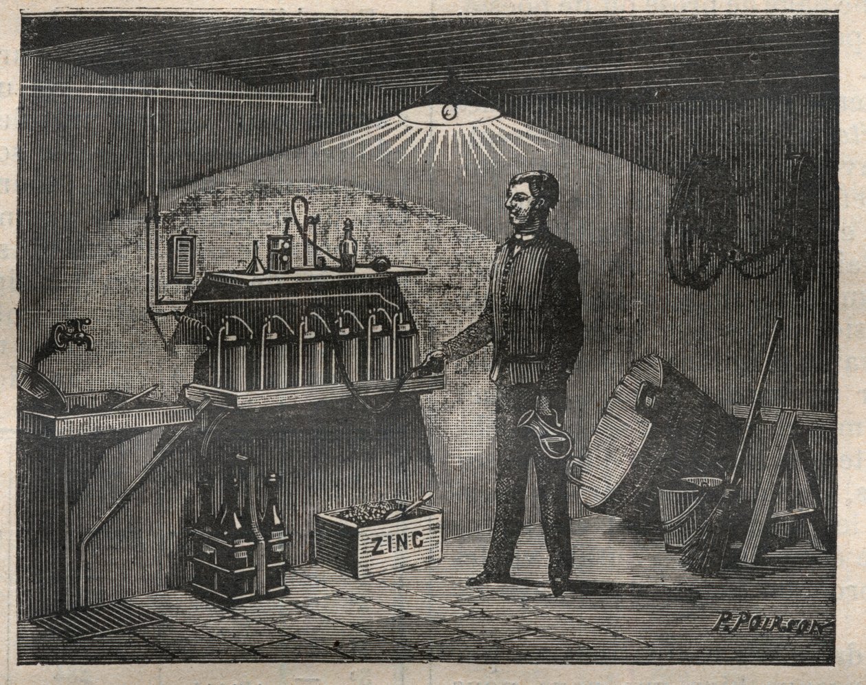 Home Electricite: Installation of the battery invented by Radiguet in a cellar - Engraving in 