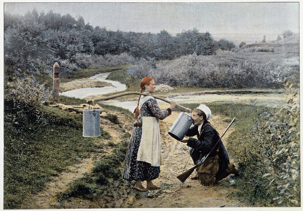 Hunter and girl at the fountain (Russia) - photography, late 19th century by Unknown artist