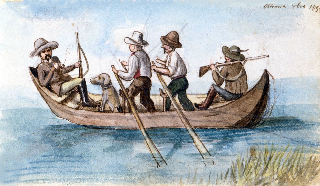 Hunters in the marshes. Drawing by Unknown artist
