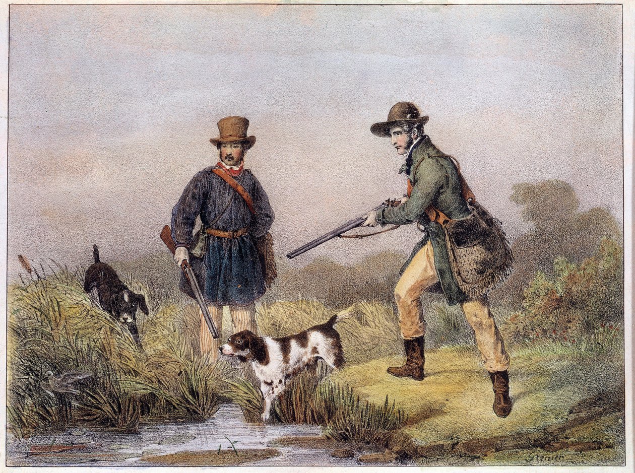 Hunters in the marshes. Prints of 19th century Gien, hunting museum by Unknown artist