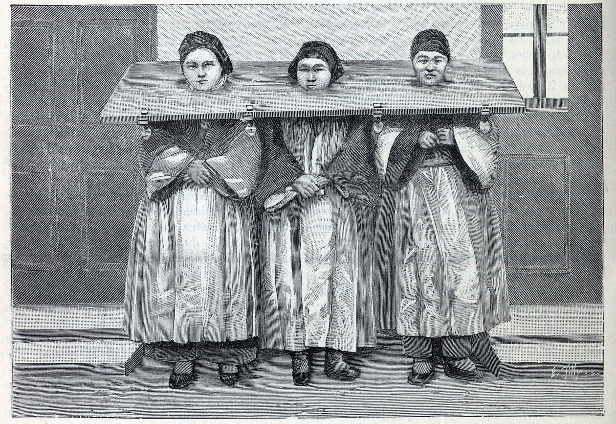 Hunting in China: The Cangue, an Apparatus of Torment for Infanticide Mothers. Engraving in 