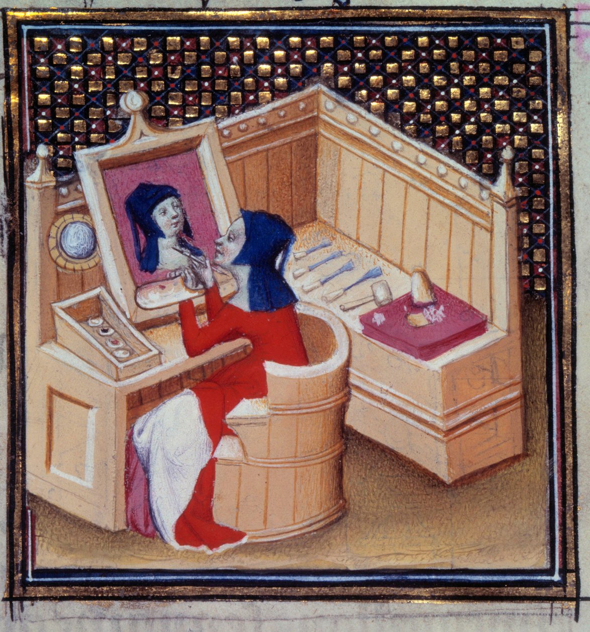 Iaia (Marcia de Cyzique), a Roman painter, painting her own miniature portrait from 