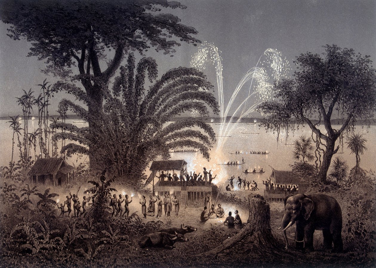 Illumination of the river during the Festival of Bassac, Siamese Laos. In “Atlas of the exploration voyage in Indochina carried out during the years 1866-1868” published under the direction of F. Garnier 1873 by Unknown artist