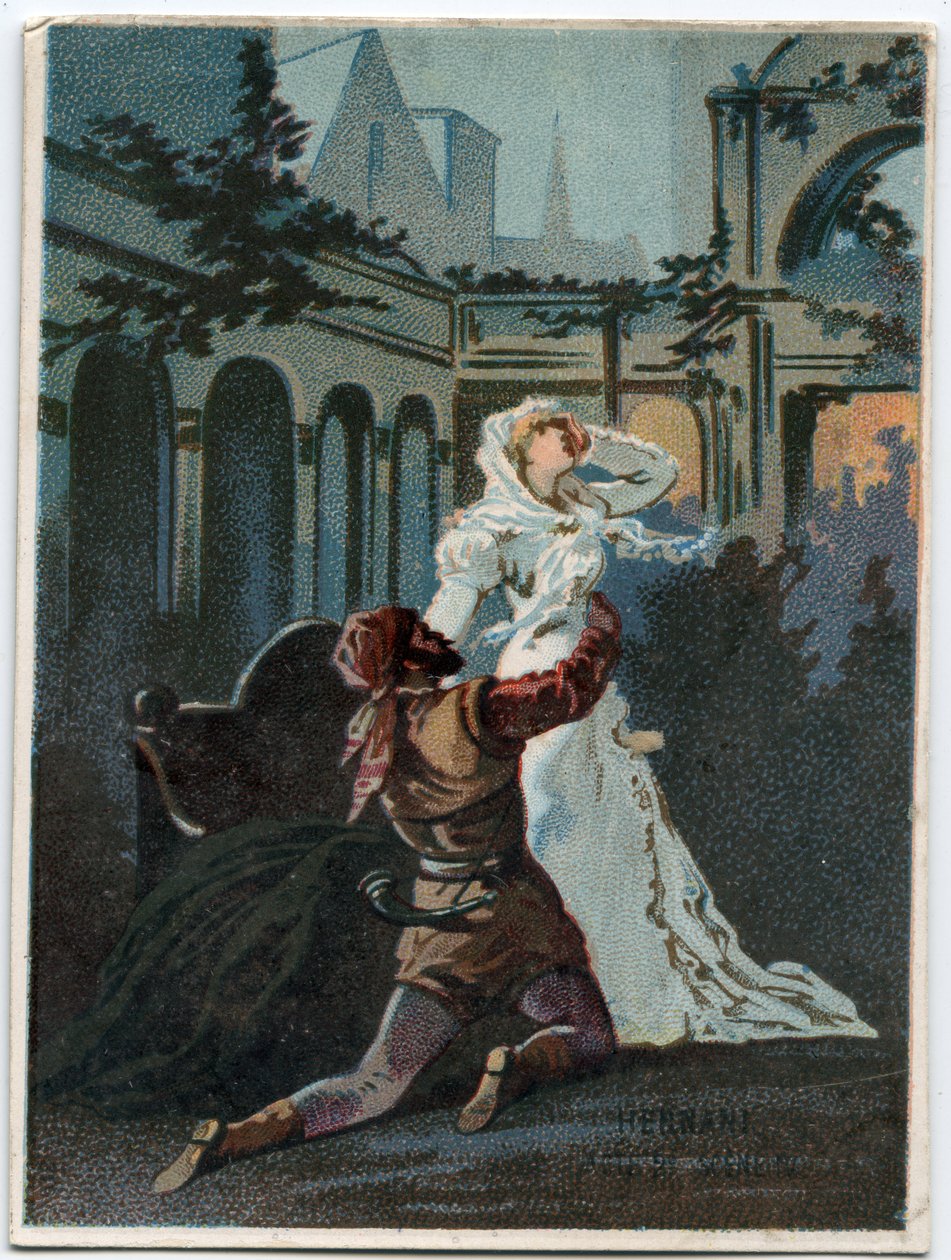 Illustration of Ernani by Italian composer Giuseppe Verdi, act 2, scene IV opera created in 1844 after the tragedy Hernani by Victor Hugo. Chromolithography of the late 19th century. by Unknown artist