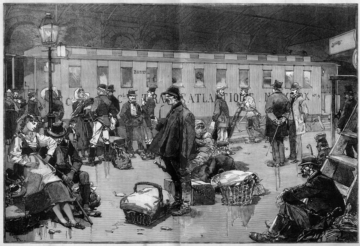 Immigration. Departing of emigrants in Europe to the United States of America: Special wagon of the General Transatlantic company going from the borders of Germany and Switzerland to Havre where passengers will board for New York. Engraving in Le Monde by Unknown artist
