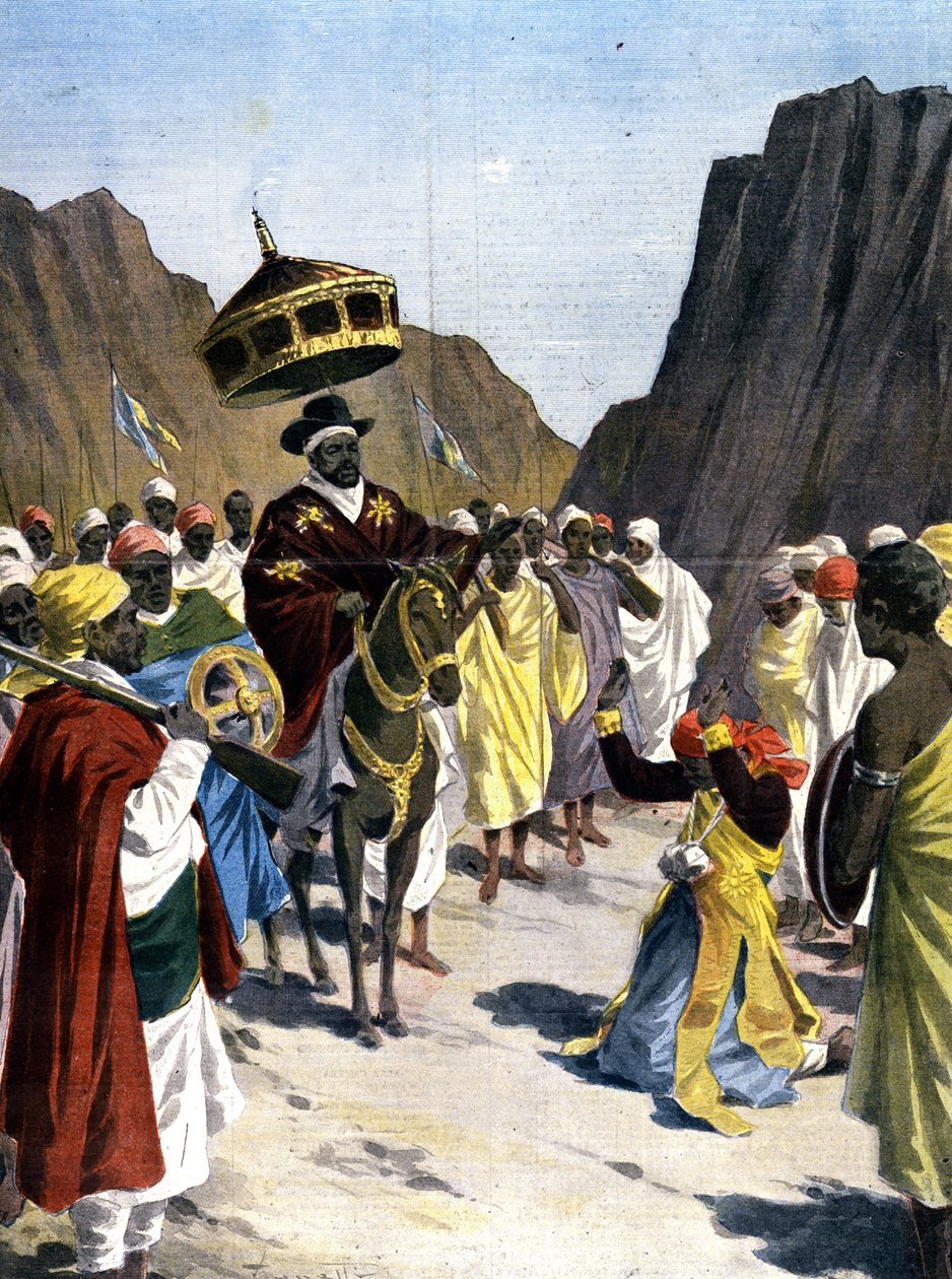 In Borumieda, the Ras Mangacha, governor of the Tigrai province (Tigray) in Abyssinia makes an act of submission to Negus Menelik II (1844 - 1913) with the stone around his neck. 1899. Illustration for the press by Unknown artist