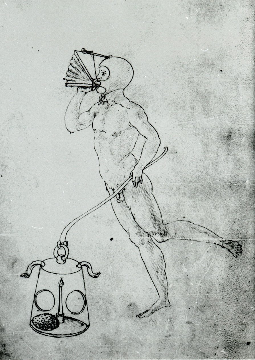 Drawing depicting a bellows for breathing underwater in a volume by Francesco di Giorgio by Unknown artist