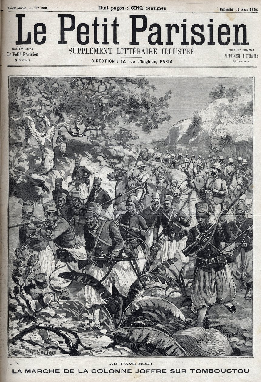 In the French colonies: the march of the column of General Joseph Joffre and his army of spahis on Timbuktu (Mali). Engraving in 