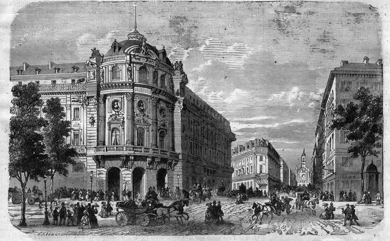 Inauguration of the new Theatre du Vaudeville in Paris, at the corner of Boulevard des Capucines and Chaussee d
