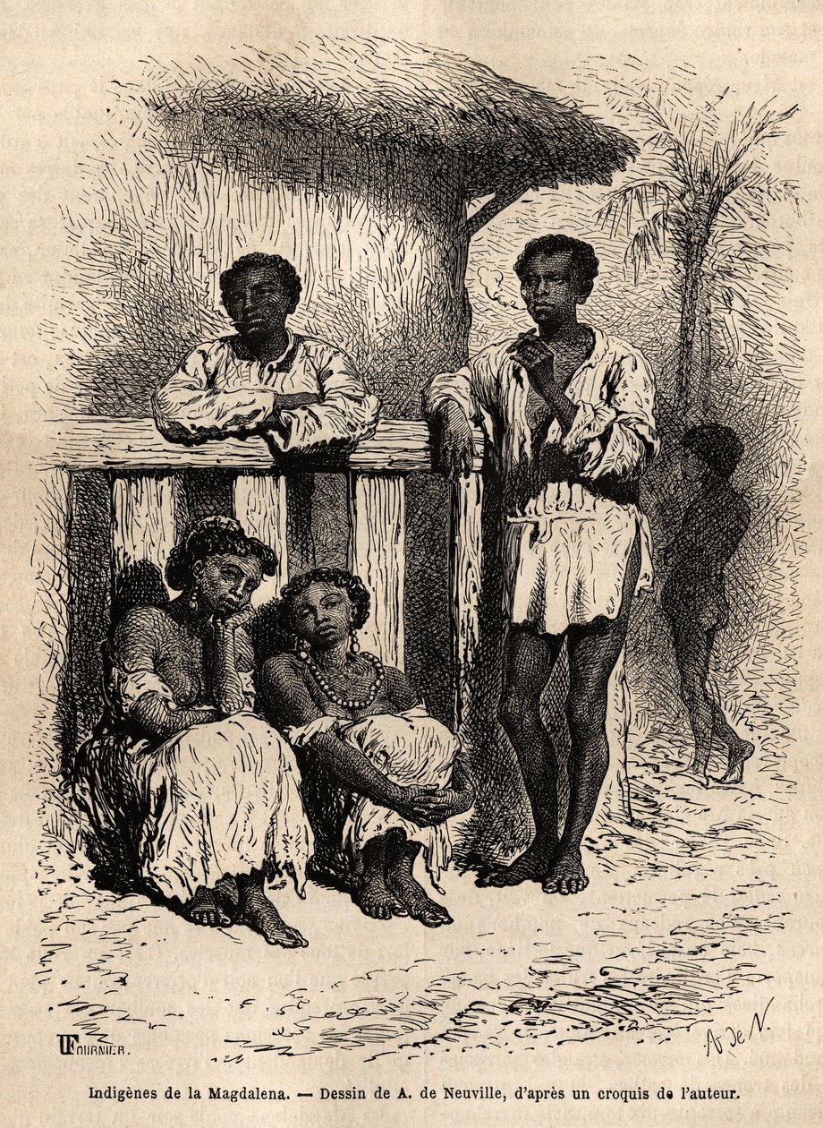 Indigenous people of the Magdalena, in the streets of the city of Mompox (Colombia). Engraving to illustrate the voyage to New Granada, by Dr. Saffray, in 1869, published in 