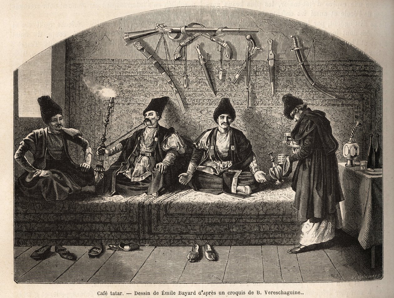Inside a Tatar Cafe in Schoucha (Transcaucasia, Russia), Where Men Meet to Drink Tea and Smoke Shisha. Engraving to Illustrate the Voyage in the Provinces of the Caucasus, by Basile Vereschaguine, 1864-1865, Published in 
