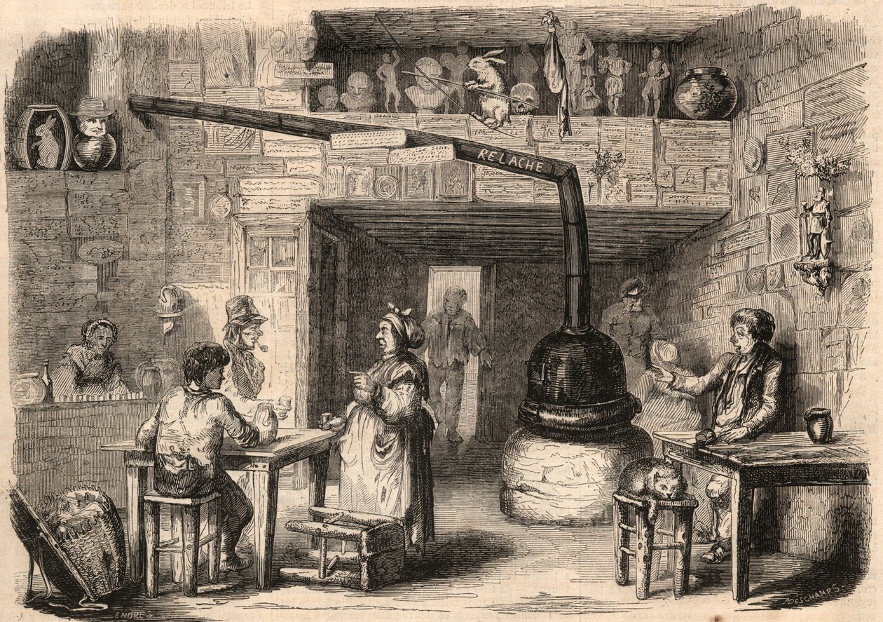 Inside the cabaret le Lapin Blanc (Rabbit-Blanc), rue aux feves in Paris before its demolition. A tavern dating back to the first time of the monarchy. Engraving in 