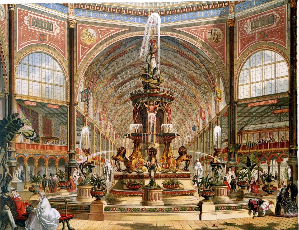 Interior of the Crystal Palace During the International Exhibition of 1862. Majolica Fountain by Minton. Chromolithograph by Unknown artist