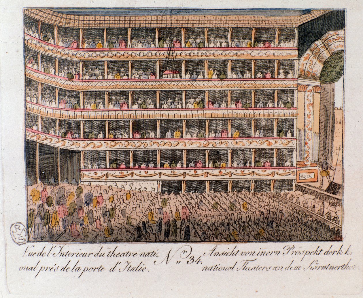 Interior view of the National Theatre near the Italian Gate in Vienna, Austria. Engraving of 1815 by Unknown artist