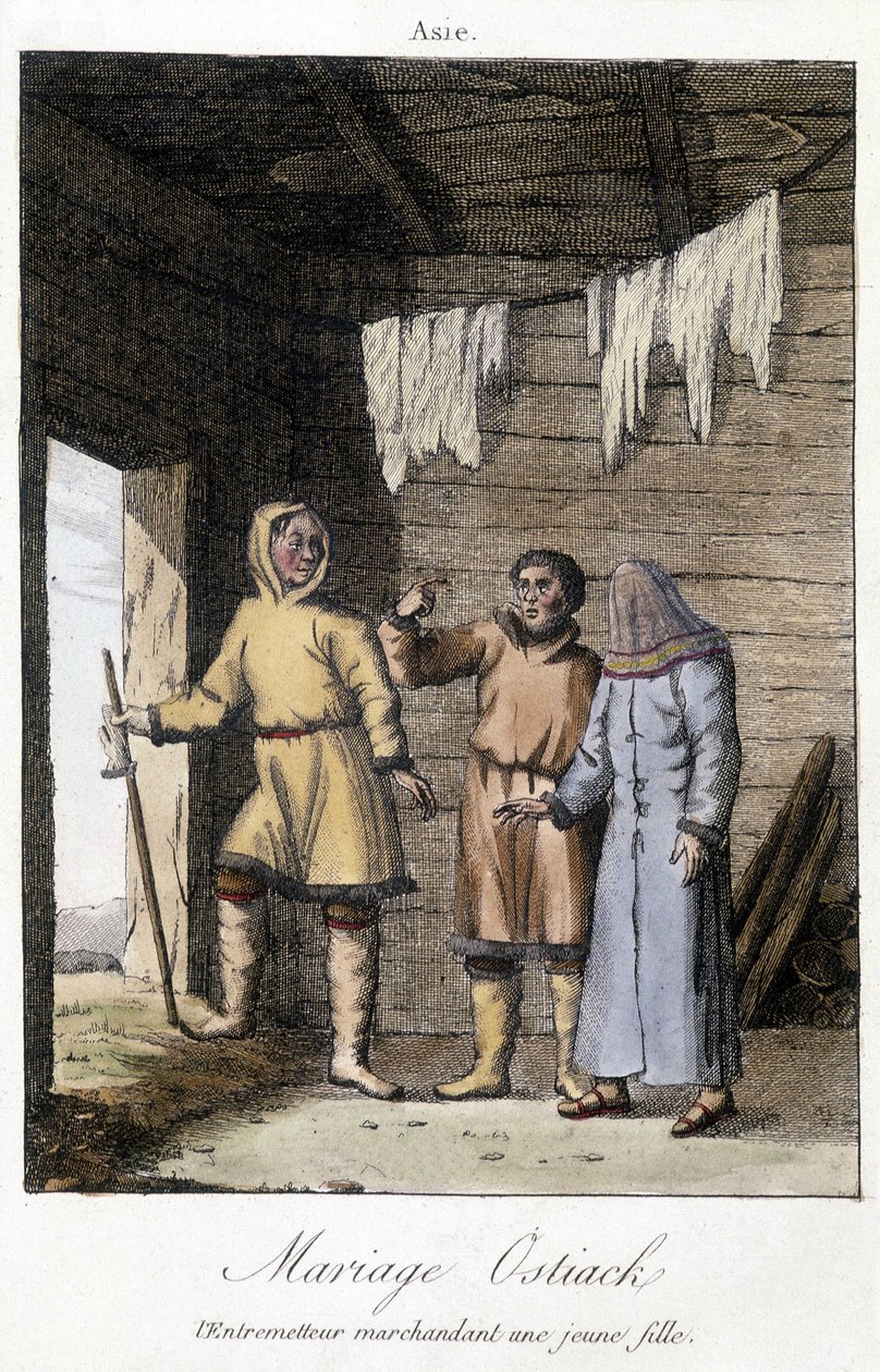 Intermediator haggling a young girl for a wedding Ostiak (Khanty or Khante) (Paleosiberian hunter tribe established in the forest area of the middle Ob valley) by Unknown artist