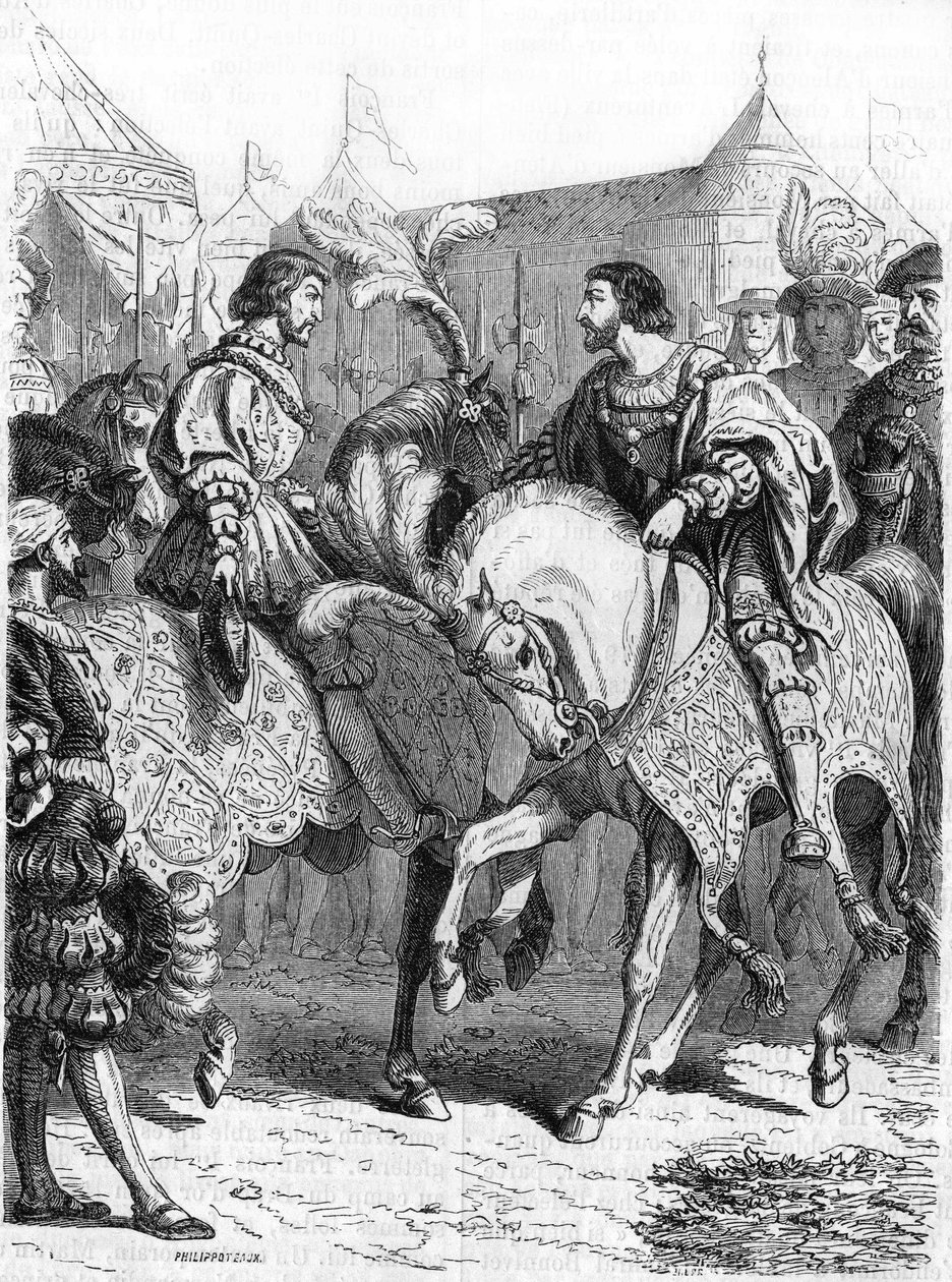 Interview of Francois 1st and Henry VIII. Engraving of the 19th century by Unknown artist