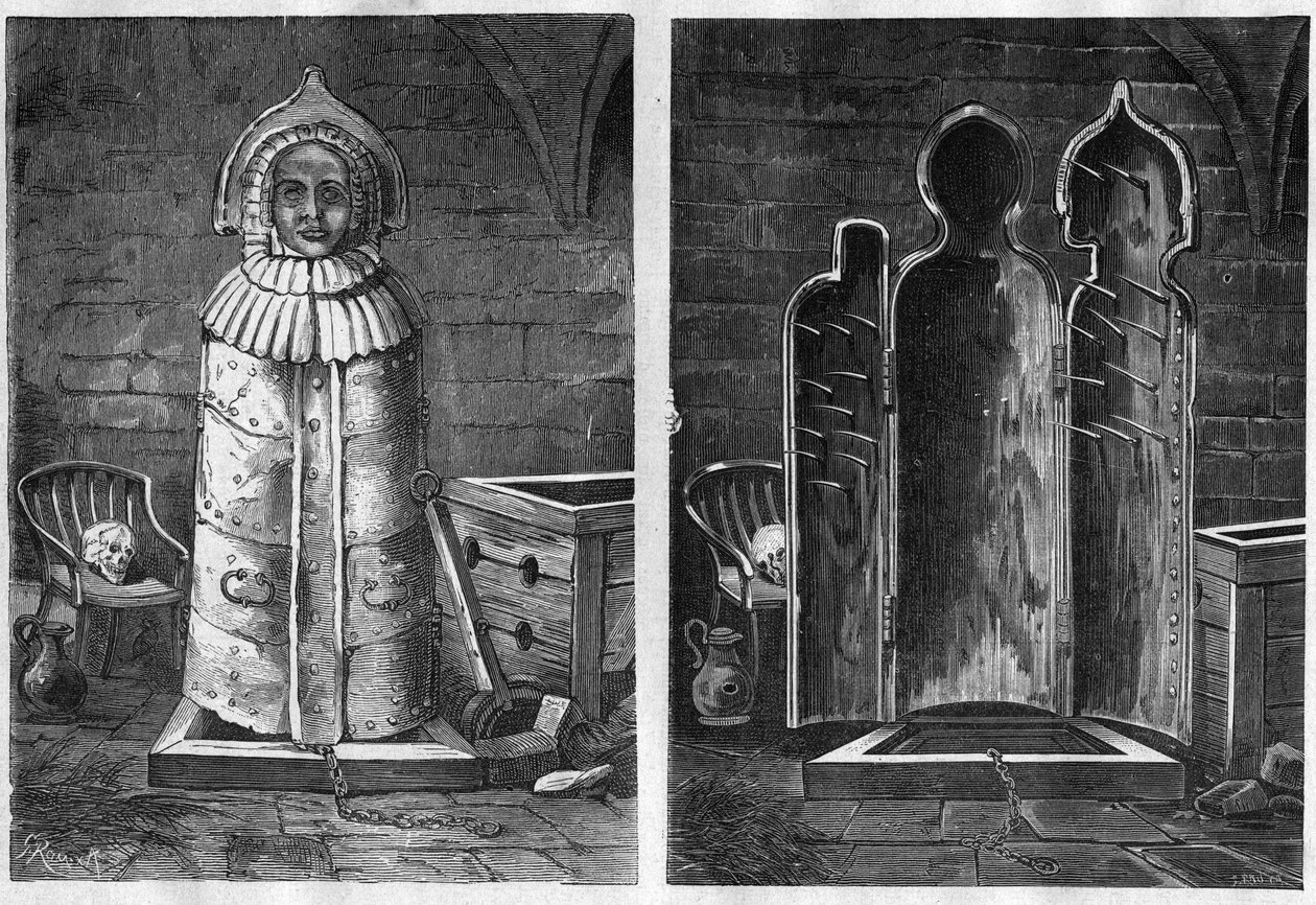 Iron maiden (torture device) - Iron virgin or virgin of Nuremberg torture instrument in the form of an iron or wooden sarcophagus - engraving of 1881 by Unknown artist