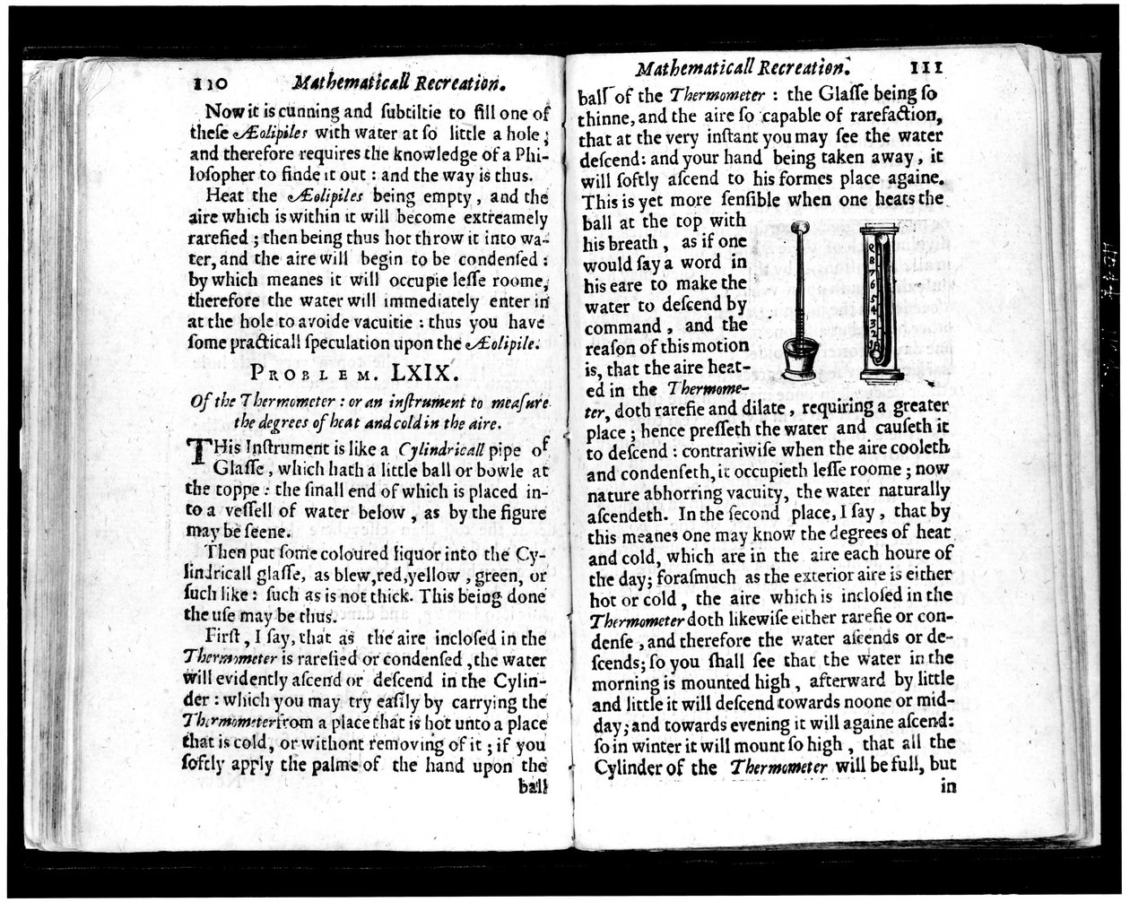 Italian and Dutch Thermometers. Pages from Mathematics Recreations by Jean Leurechon (1591-1670) 1653 by Unknown artist