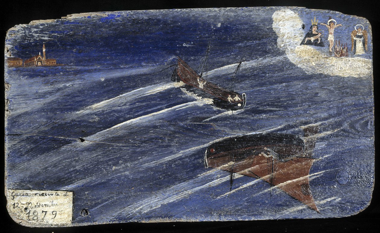 Italian ex-voto for a shipwreck in 1879 - painting on wood by Unknown artist