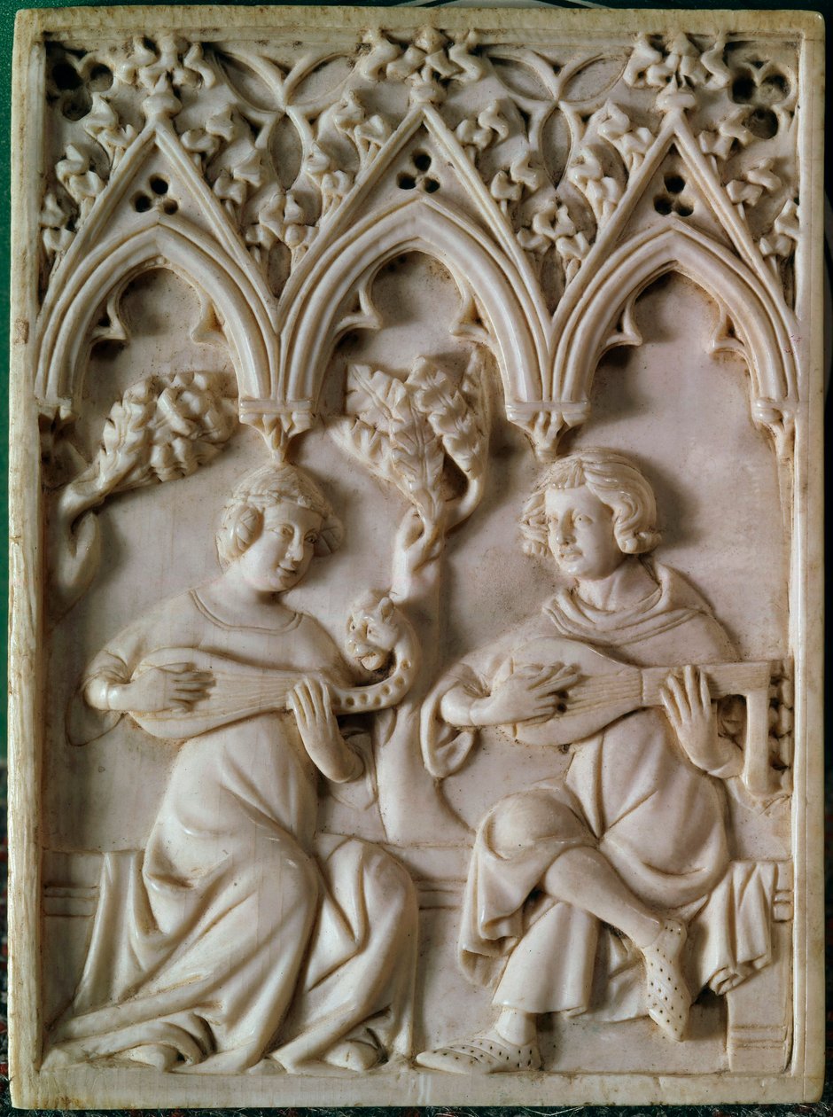 Ivory tablet representing two musicians by Unknown artist