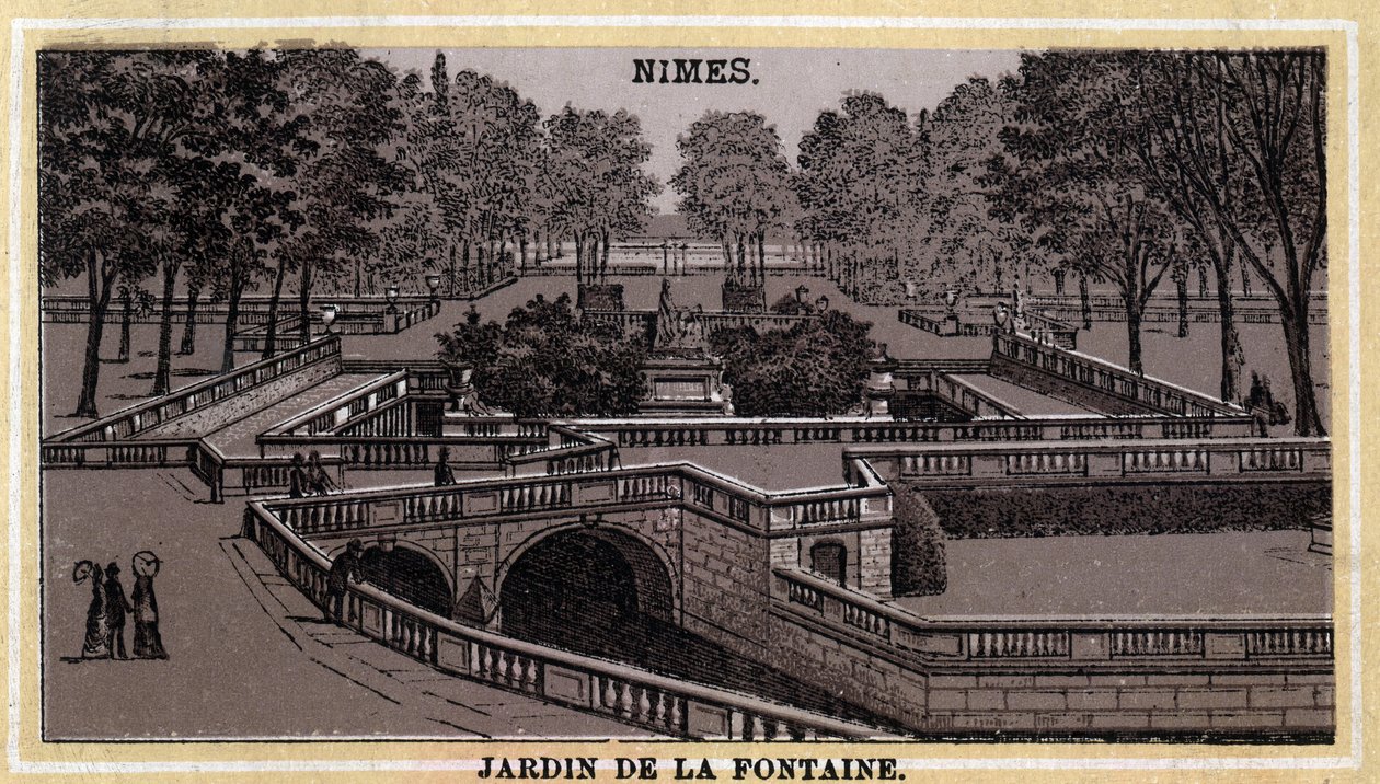 Jardin de la Fontaine in Nimes (Gard, Languedoc-Roussillon). Chromolithography of the late 19th century by Unknown artist