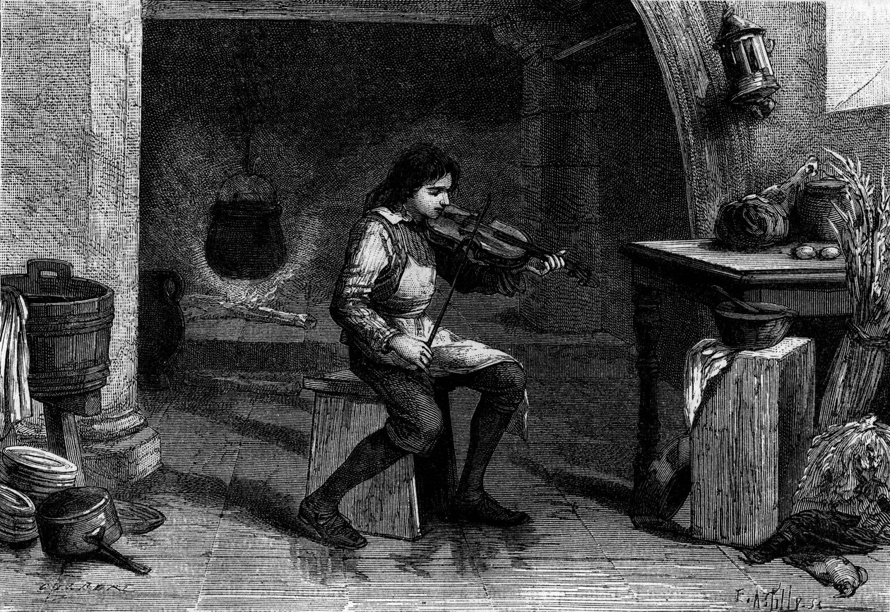 Jean Baptiste Lully (Giovanni Battista Lulli), child, playing violin in the kitchen of Mademoiselle de Montpensier. Engraving by Unknown artist