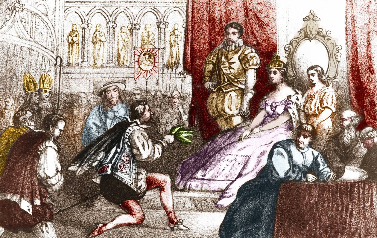 Jean Nicot presenting the tobacco plant to Catherine de Medicis and to the Grand Prior of the House of Lorraine. 16th century. Engraving of the 19th century by Unknown artist