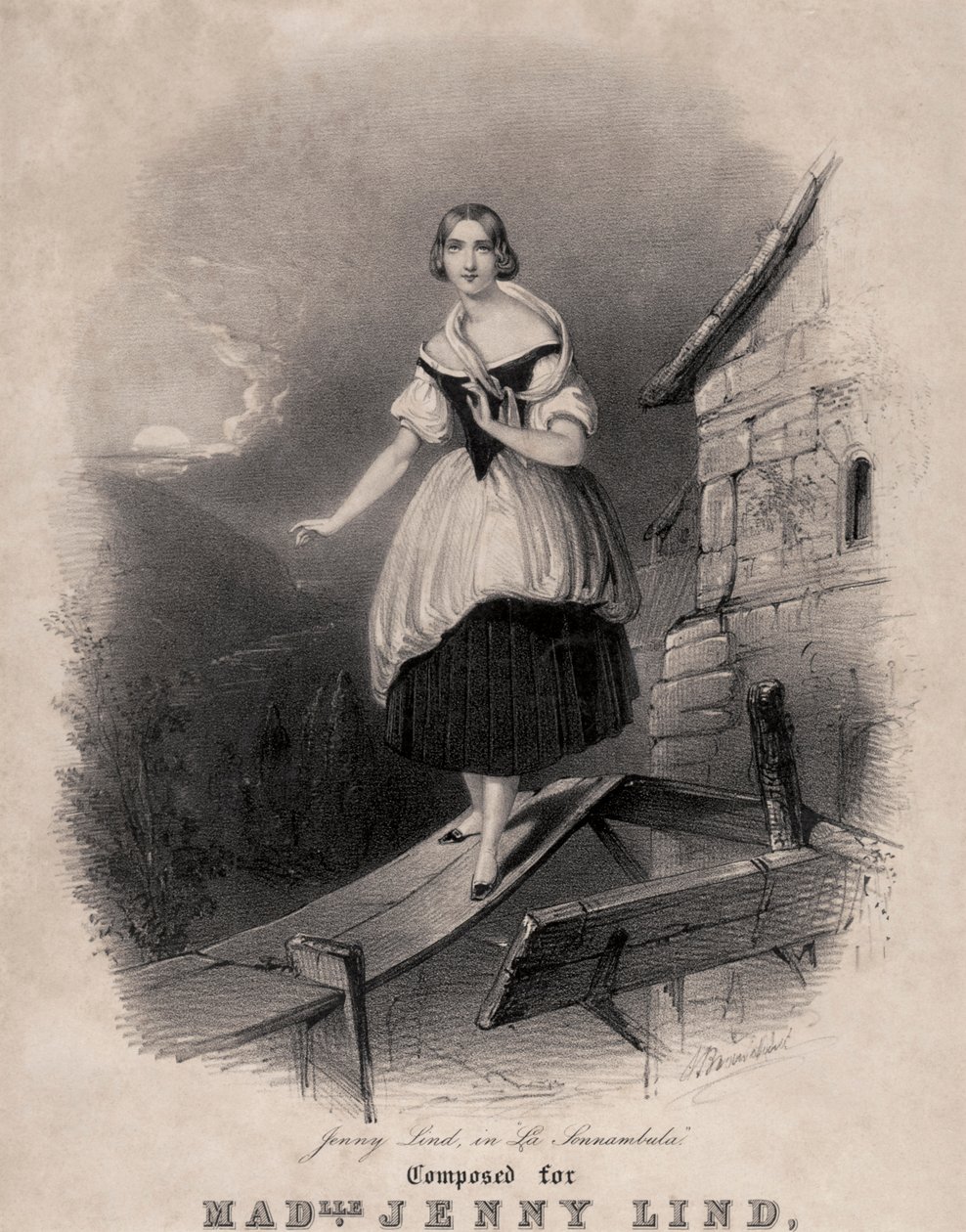 Jenny Lind, Swedish soprano, in the sleepwalking scene of Bellini