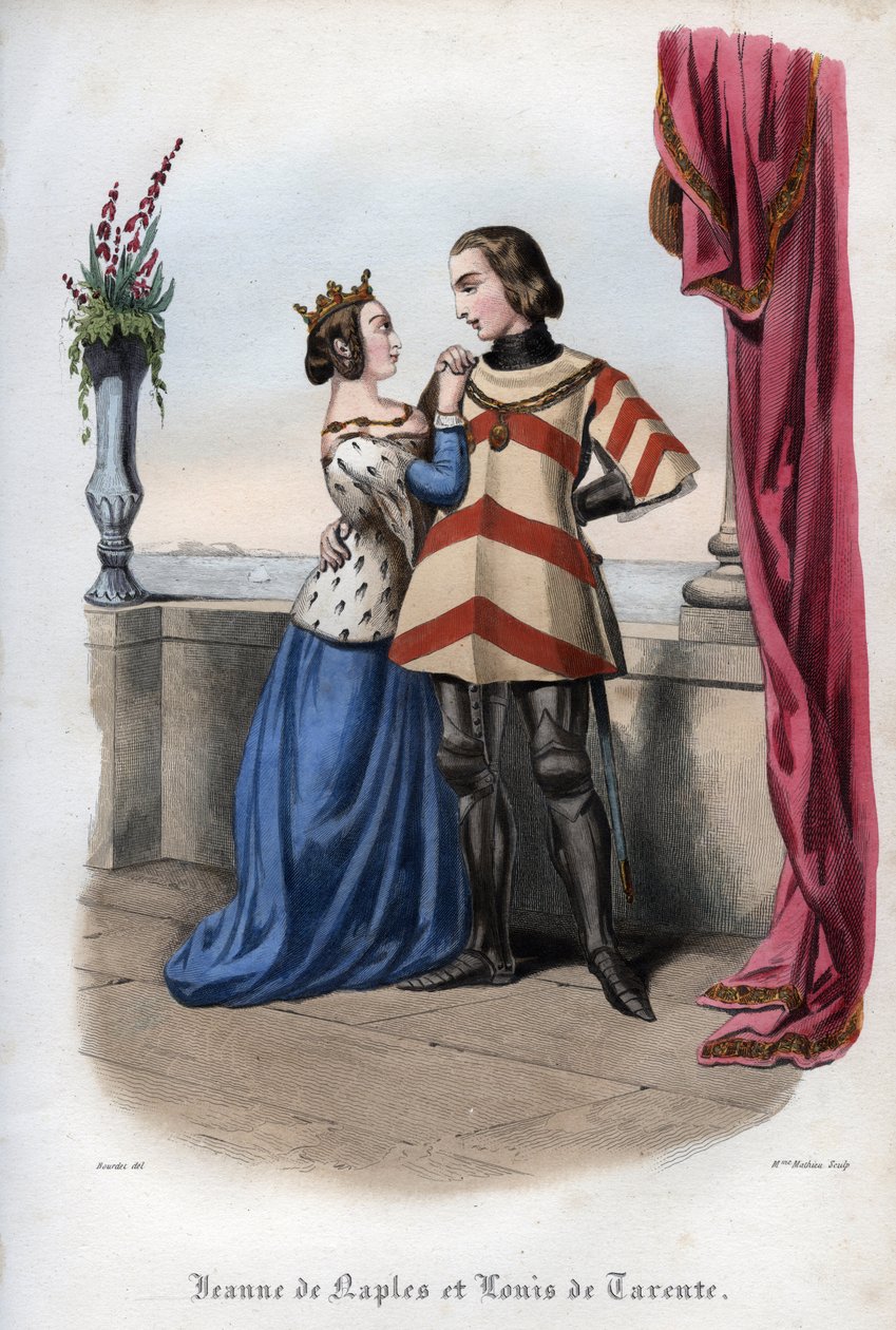 Joan I, Queen of Naples and Louis, Prince of Taranto. Engraving from 1842 in Histoire des popes by Maurice Lachatre. Private collection. by Unknown artist
