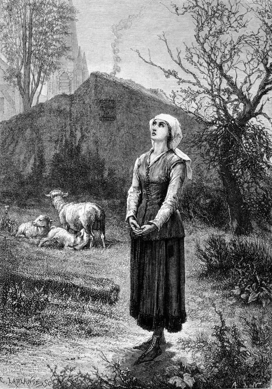 Joan of Arc hears her heavenly voices: the Archangel Saint Michael, Saint Catherine and Saint Margarita ordered her to go to France to help the king and assured him that God will help him. 19th century by Unknown artist