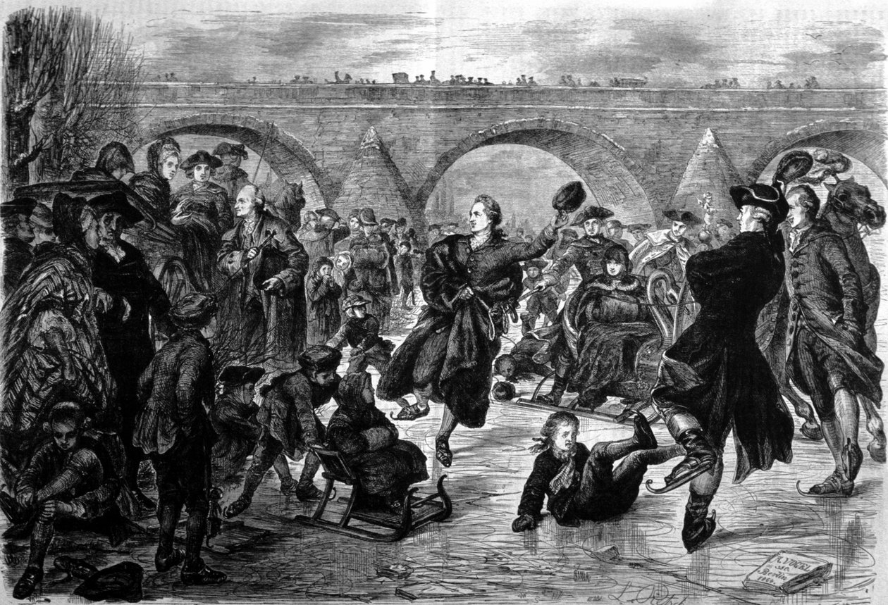 Johann Wolfgang von Goethe, German writer skating on the Main River in Frankfurt am Main. Engraving of the 19th century by Unknown artist