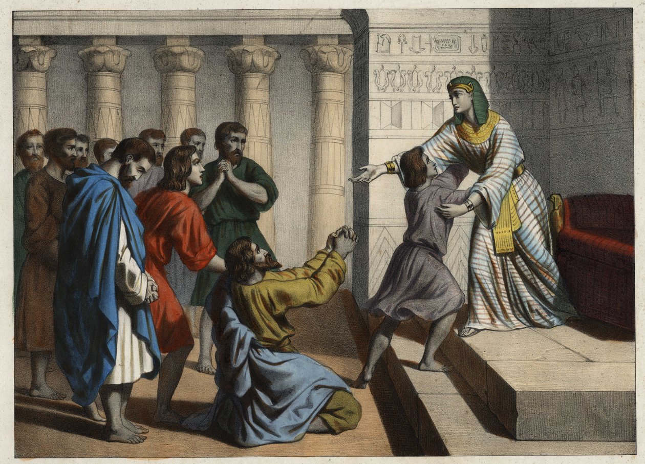 Joseph the Patriarch, named Vizir of Egypt, is recognized by his brothers who made him believe in his death and ask for forgiveness (Anonymous engraving of the 19th century) by Unknown artist