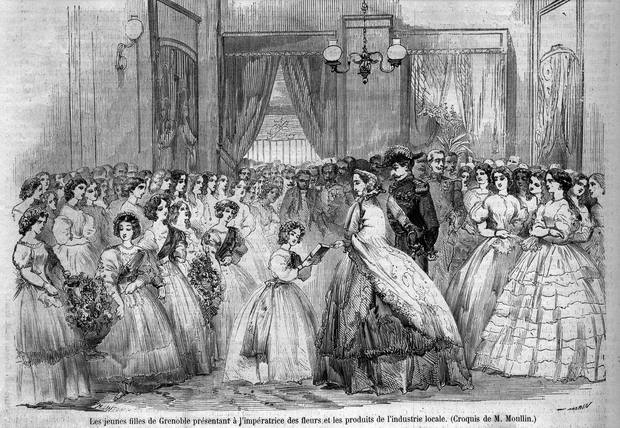Journey of Emperor Napoleon III (1808-1873) and his wife Eugénie de Montijo (1826-1920) to the Duke of Savoy following the annexation of the County of Savoy (March Turin Treaty): here the imperial couple visiting Grenoble meet young girls who came to prese by Unknown artist