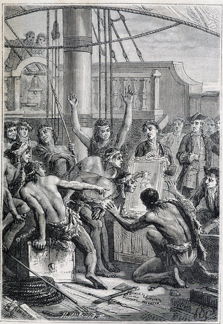 Journey of Samuel Wallis to Polynesia: indigenous astonished by a mirror - illustration taken from “The Great Mariners of the 18th century” by Unknown artist