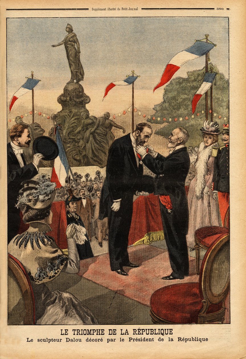 Jules Dalou (1838-1902) Sculptor, Decorated the Legion of Honor by the President of the Republic Emile Loubet (1838-1929), on the Occasion of the Inauguration of the Statue The Triumph of the Republic on the Place de la Nation in Paris. Engraving in by Unknown artist