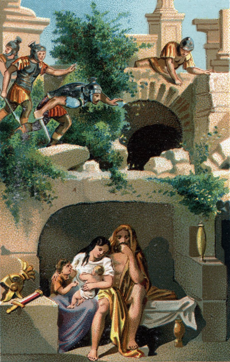 Julius Sabinus (Gauls of the Lingons people) and his wife Eponine remain hiding for nine years with their children in an underground and then discovered, they are taken to Rome along with his two twin sons. Late chromolithography of the 19th century. by Unknown artist