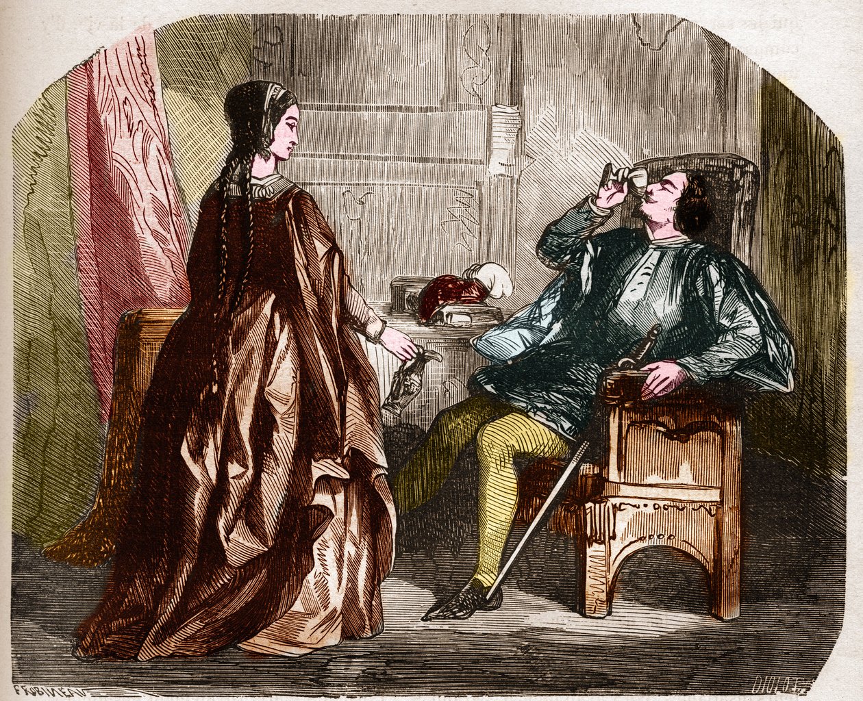 King Charles VI of France, known as Charles the Good Aime, then Charles the Fol with his mistress Odinette de Champdivers. Engraving in The history of prostitution and debauche among all the peoples of the world from Antiquity by Unknown artist