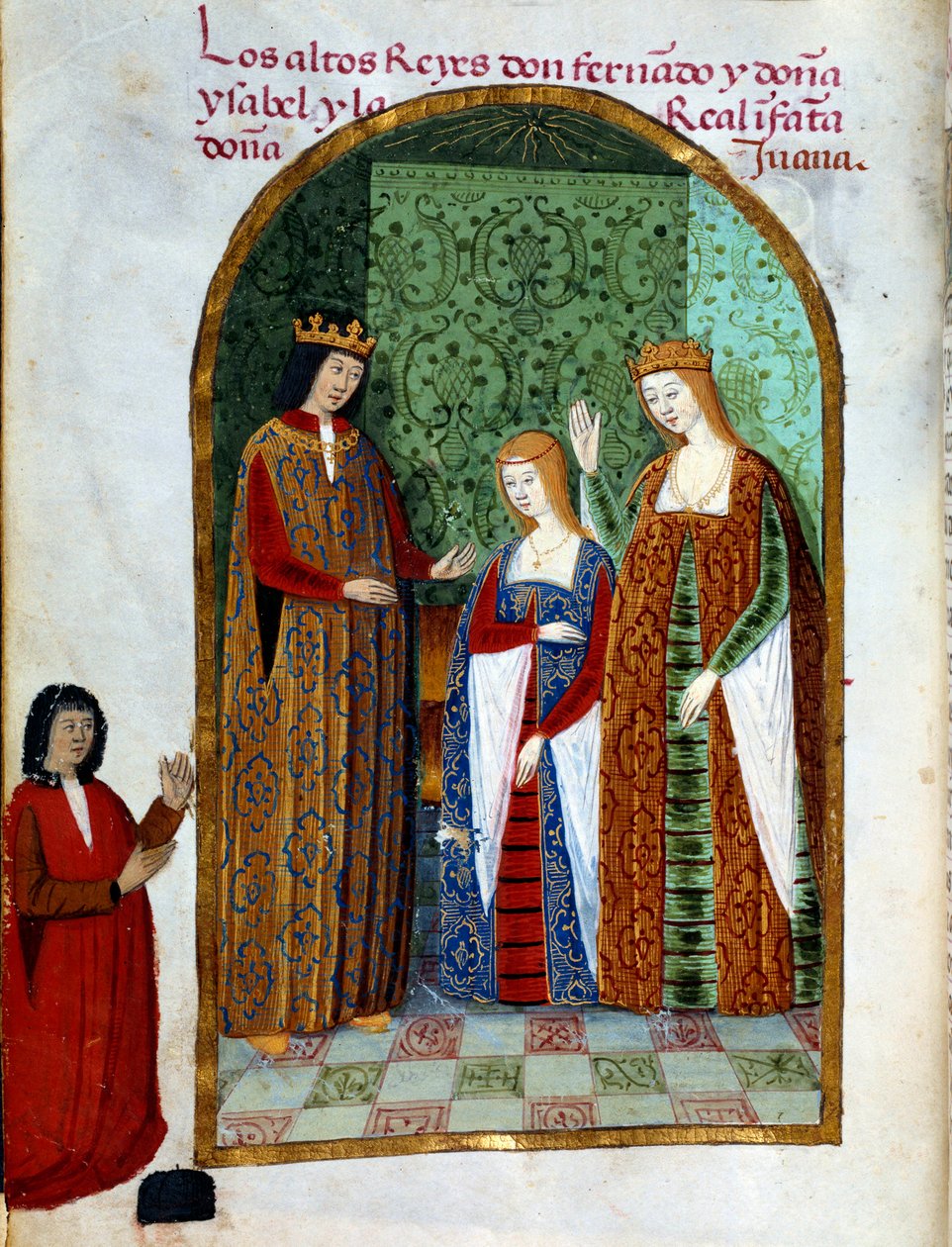 King Ferdinand II, Joan, Queen of Castile and Isabella 1st of Castile. Miniature in Devocionario de la Reyna Da Juana a Quien Llamaron la Loca by Unknown artist