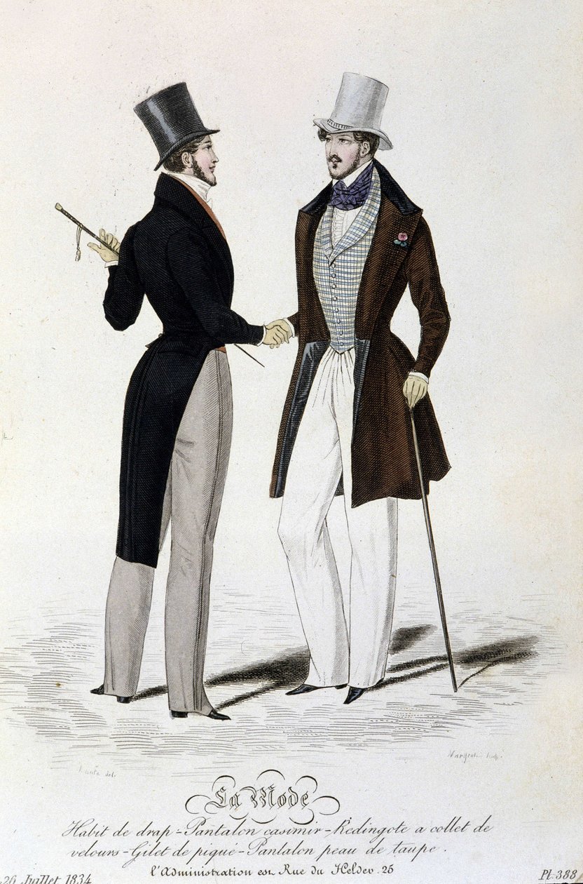 La Mode du 26 juillet 1834: sheet suit - trousers casimir - Redingote with velvet collar - vest of piqué - trousers taupe skin and top hat by Unknown artist