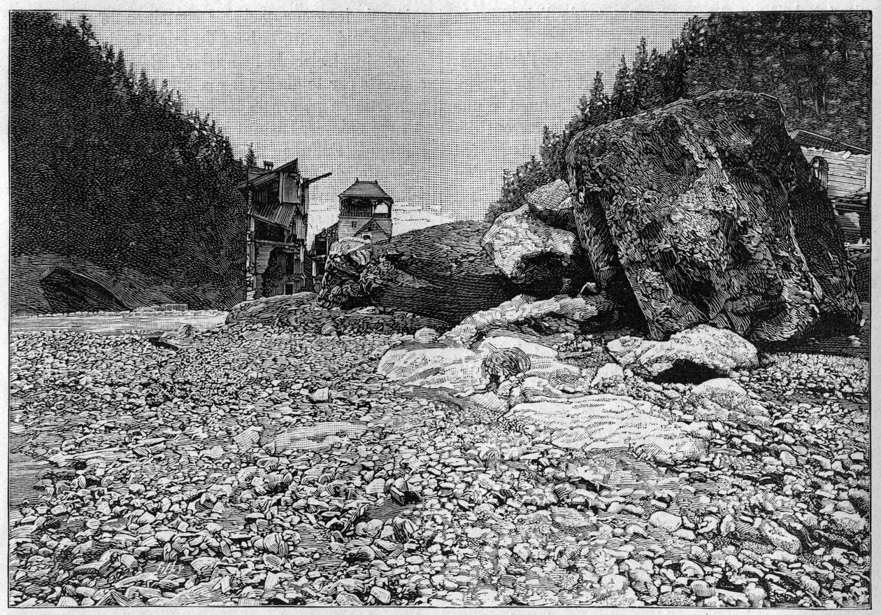 The catastrophe of Saint-Gervais (Saint Gervais) or catastrophe of the glacier of the Tete Rousse (department of Haute-Savoie) (12-13 July 1892) - Bains de Saint-Gervais after the disaster with the huge blocks transported by the torrent, Engraving in 