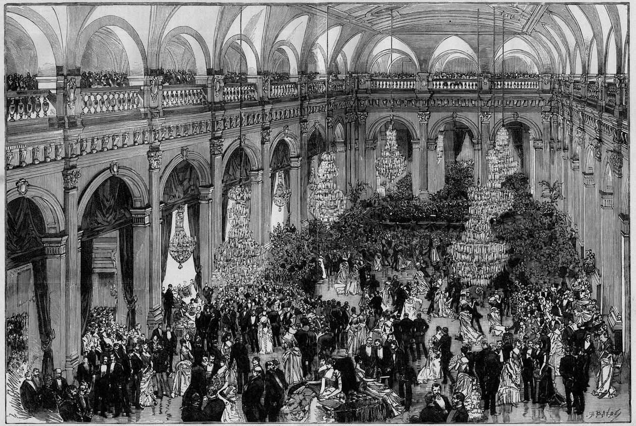 The great hall of the Hotel de Ville de Paris during the annual celebration of the municipality. Engraving in 