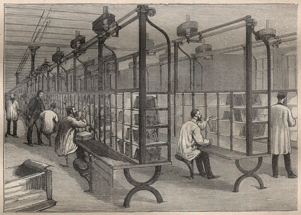 The postal service: sorting letters at the Hotel des Posts de Paris - Engraving In La Science francaise by Unknown artist